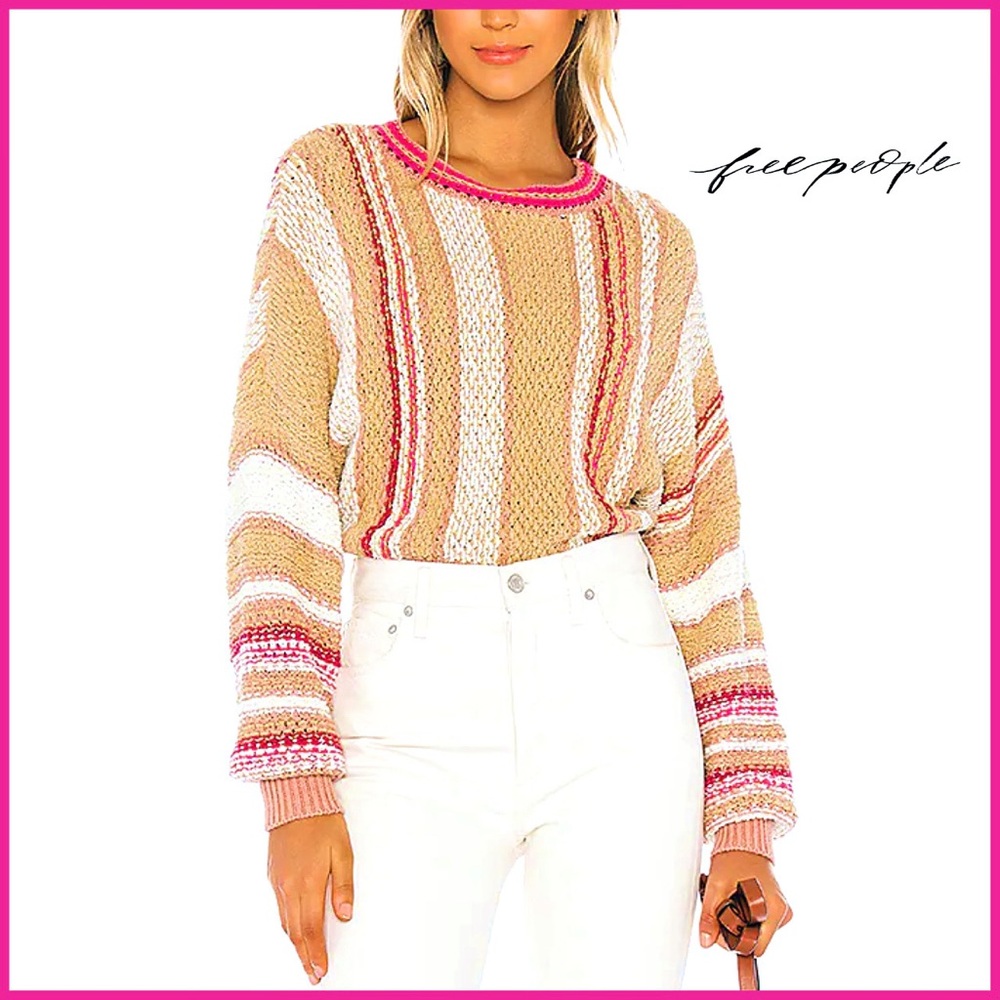 Free People Boxy Pink Tan Knit Cropped Pullover Sweater